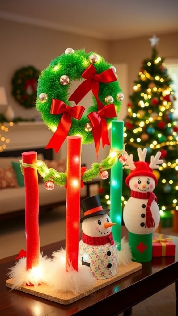 Creative Christmas Decorations Using Pool Noodles Colorful Christmas decorations made from pool noodles, including a wreath, garland, and snowman, in a festive living room.